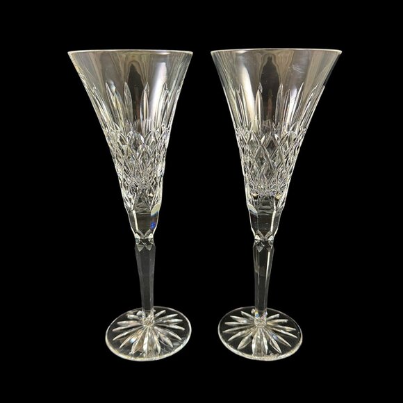 Waterford 2 Lismore Fluted Toasting Champagne Crystal Glass Goblets Italy - Picture 1 of 7